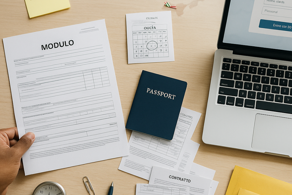 Overhead photo flat lay of Italian residence permit renewal prep: forms, generic passport, payslips,
