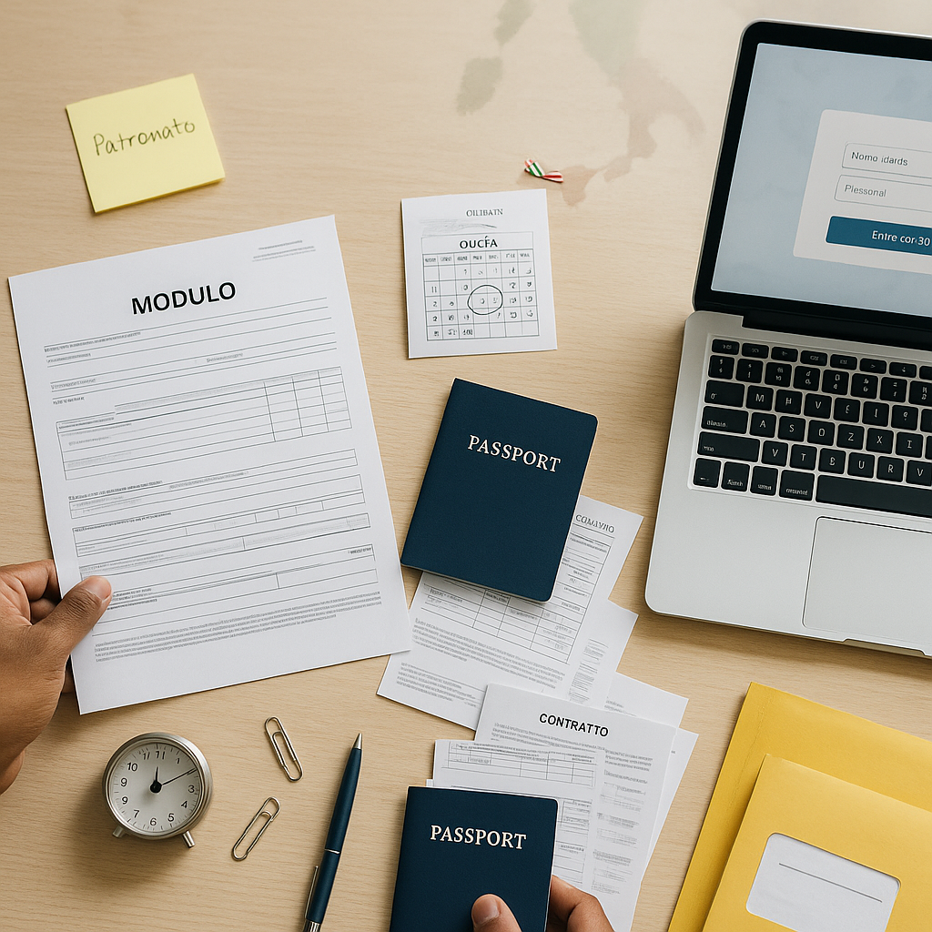 Overhead photo flat lay of Italian residence permit renewal prep: forms, generic passport, payslips,